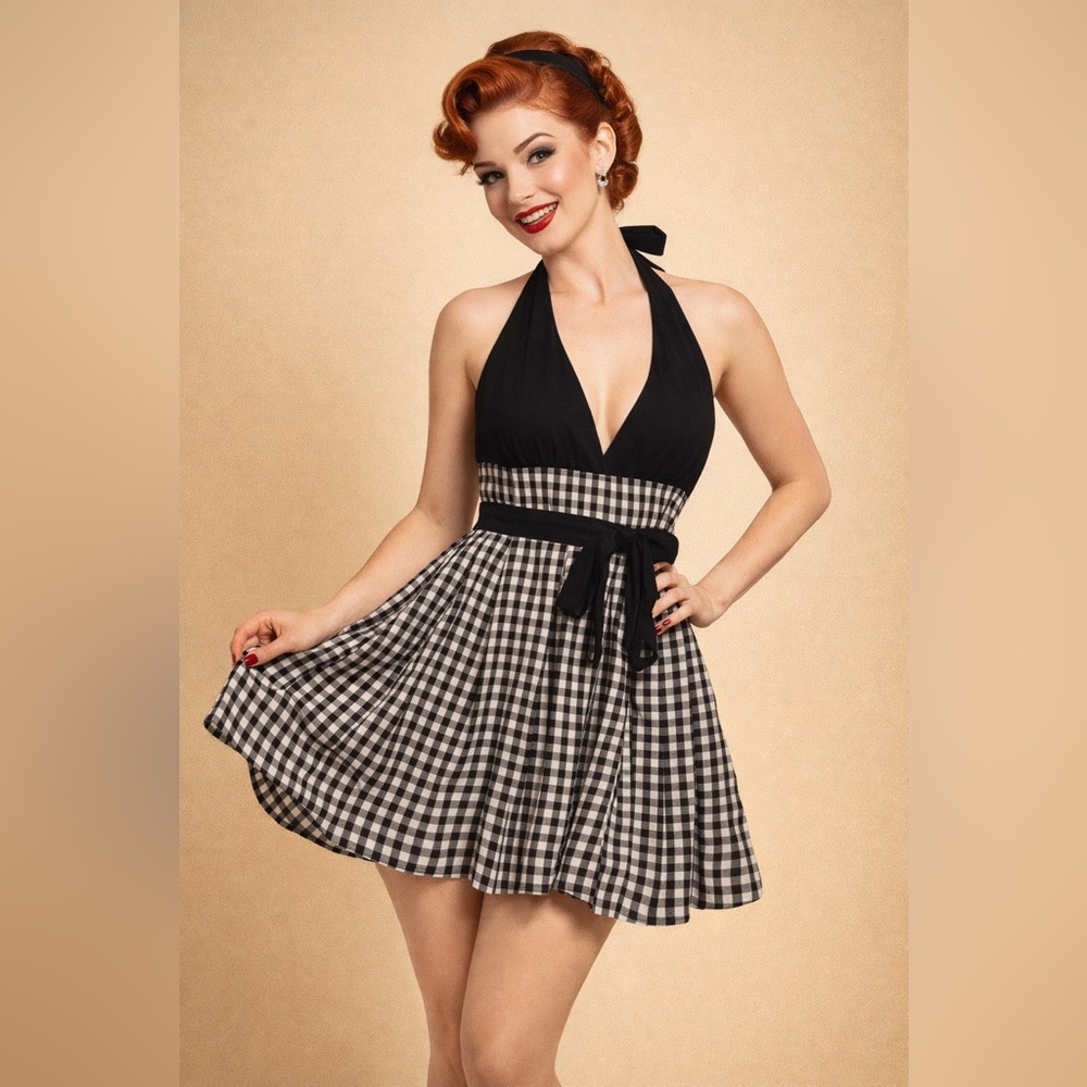 Eva Franco Blk & White Gingham Halter Dress NWOT Rock-a-Billy Marilyn Monroe